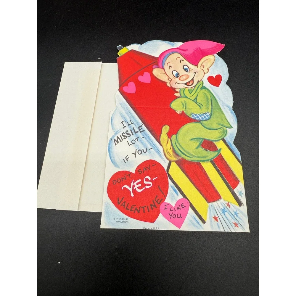 Vintage Walt Disney Valentine Card Dopey Rocket Atomic Space Theme 1960 Envelope